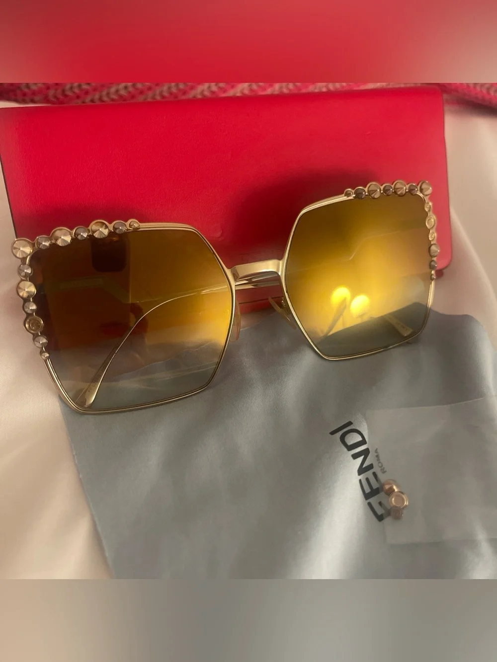 Fendi Gold Frame Sunglasses with Amber Gradient Lenses and Crystal Accents